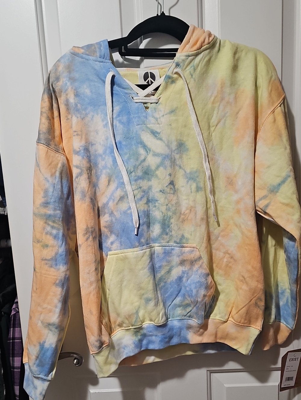 Women's Size Large Exist Tie-Dye Crewneck Hoodie - Pastel Blue Yellow Peach Nwt